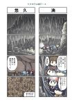  4koma 5girls ahoge alternate_headwear asagumo_(kantai_collection) bamboo_shoot black_hair black_serafuku blue_eyes braid brown_hair cave comic commentary_request double_bun dress green_hairband hair_bun hair_flaps hair_ornament hair_over_shoulder hairband hardhat helmet highres japanese_clothes kantai_collection light_brown_hair long_hair michishio_(kantai_collection) multiple_4koma multiple_girls nontraditional_miko pinafore_dress remodel_(kantai_collection) rock school_uniform seiran_(mousouchiku) serafuku shigure_(kantai_collection) short_hair short_twintails silver_hair single_braid translation_request twintails wavy_hair wide_sleeves yamagumo_(kantai_collection) yamashiro_(kantai_collection) 