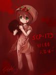  blood blood_splatter bottomless brown_hair character_name commentary disembodied_head empty_eyes green_eyes highres hood hooded humanization langbazi navel personification red_background scp-173 scp_foundation signature standing translated yandere 