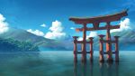  badriel blue_sky cloud forest highres itsukushima_shrine mountain nature no_humans original real_world_location reflection scenery sky torii water 