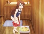  barefoot bathroom brown_hair green_eyes highres koshigaya_komari long_hair non_non_biyori one-piece_swimsuit pulled_by_self school_swimsuit screencap shorts shorts_pull solo stitched swimsuit third-party_edit towel undressing 