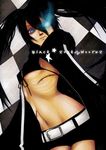  belt bikini_top black_hair black_rock_shooter black_rock_shooter_(character) blue_eyes breasts burning_eye character_name checkered checkered_background covered_nipples highres hood hooded_jacket ikarisu_(shikomizue) jacket long_hair midriff navel open_clothes open_jacket scar short_shorts shorts small_breasts solo twintails underboob zipper 