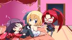  16:9 1boy 3girls asami_asami blonde_hair blue_hair chibi game_cg glasses long_hair multiple_girls re:birth_colony red_hair rindou_airi rindou_ruri rindou_souji 