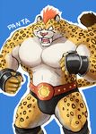  anthro belt biceps big_muscles blue_background boots bulge cheetah chest fangs feline fight fist front fur gomibako hair male mammal multicolor_fur muscles open_mouth orange_hair overweight panta pecs plain_background pose simple_background solo spots standing topless two_tone_fur yellow_fur 