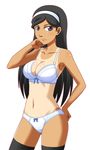  1girl black_hair black_legwear blue_eyes bra breasts cleavage goriate hairband highres kumashiro_maya large_breasts lingerie long_hair looking_at_viewer midriff navel panties seikimatsu_occult_gakuin solo standing tan tanline thighhighs underwear white_bra white_panties 