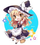  apron black_dress blonde_hair bow braid broom chibi dress fang hair_ribbon hat hat_bow hat_tug kirisame_marisa looking_at_viewer open_mouth puffy_sleeves ribbon shirt short_sleeves single_braid smile solo star touhou waist_apron white_bow witch_hat wrist_cuffs yellow_eyes yukimiya_(parupunta) 