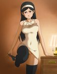  black_hair black_panties blue_eyes dress furniture goriate hairband indoors kumashiro_maya lamp leg_up long_hair panties panties_around_one_leg pubic_hair seikimatsu_occult_gakuin sleeveless sleeveless_dress solo underwear 