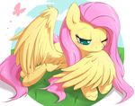 aymint blush butterfly cloud clouds equine female feral fluttershy_(mlp) friendship_is_magic fur grass green_eyes hair horse insect lying mammal my_little_pony one_eye_closed outside pegasus pink_hair pony preening sky solo wings yellow_fur 