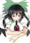  black_hair black_wings blush bow breasts cape commentary_request food hair_bow incoming_kiss large_breasts looking_at_viewer mouth_hold pocky puffy_sleeves red_eyes reiuji_utsuho shirt short_sleeves sinzan solo third_eye touhou wings 