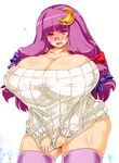  bare_shoulders bespectacled bow breasts cleavage clothes_tug collarbone crescent dress embarrassed gigantic_breasts glasses hair_bow long_hair no_hat no_headwear off-shoulder_sweater patchouli_knowledge plump purple_eyes purple_hair purple_legwear ribbed_sweater sentarou solo sweater sweater_dress sweater_tug thick_thighs thighhighs thighs touhou 