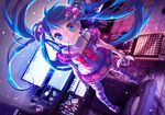  blue_eyes blue_hair earrings from_above hair_bobbles hair_ornament hairclip hatsune_miku headphones jewelry long_hair microphone monitor mouth_hold skirt smile solo striped striped_legwear thighhighs twintails very_long_hair vocaloid yamori_(stom) 