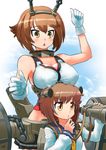  armpits bad_id bad_pixiv_id bangs binoculars breast_rest breasts breasts_on_head brown_hair chain cleavage gloves hairband headgear kantai_collection kurono_tokage large_breasts machinery midriff multiple_girls mutsu_(kantai_collection) o3o puckered_lips short_hair triangle_mouth yellow_eyes yukikaze_(kantai_collection) 