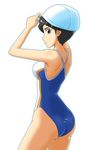  ass bare_shoulders black_hair blue_eyes competition_school_swimsuit cowboy_shot goggles goggles_on_head goriate kumashiro_maya looking_at_viewer looking_back one-piece_swimsuit seikimatsu_occult_gakuin solo swim_cap swimsuit 