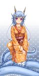  bad_id bad_pixiv_id blue_hair dragon_girl hair_ornament head_fins highres horns japanese_clothes kimono lamia long_sleeves looking_at_viewer magatama midnight_(banyex) monster_girl monster_girl_encyclopedia obi original purple_eyes revision ryuu_(monster_girl_encyclopedia) sash short_hair smile solo tail 