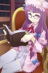  1girl :&lt; bespectacled book bow crescent glasses hair_bow hat highres library long_hair nail_polish patchouli_knowledge purple_eyes purple_hair purple_nails reading red-framed_glasses solo spike_wible spikewible thighhighs touhou vertical_stripes white_legwear zettai_ryouiki 