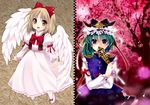  :d angel_wings asymmetrical_hair blonde_hair blue_eyes blush bow bowtie cherry_blossoms covering_mouth crown dress epaulettes gengetsu green_hair hair_bow juliet_sleeves long_sleeves multiple_girls open_mouth puffy_sleeves red_bow ribbon rod_of_remorse sash shiki_eiki short_hair smile touhou touhou_(pc-98) tree wings yellow_eyes yukian 