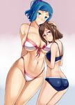  abs ass bikini blue_eyes blue_hair blush breast_pillow breasts brown_eyes brown_hair curvy front-tie_top glasses gradient gradient_background groin gundam gundam_build_fighters hai_ookami hairband hand_on_another's_head height_difference highleg highleg_bikini highleg_swimsuit highres huge_breasts iori_rinko kousaka_china looking_at_viewer looking_back mature multiple_girls navel pink_background shiny shiny_skin short_hair sideboob size_difference skindentation swimsuit underboob wide_hips 