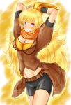  1girl ahoge belt black_gloves black_shorts blonde_hair blush breasts brown_belt brown_top catwithabrush female gauntlets gloves large_breasts long_hair looking_at_viewer midriff neckerchief orange_neckerchief rwby shorts solo waist_cape weapon yang_xiao_long yellow_gauntlets 
