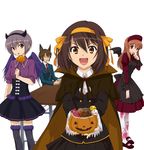  3girls animal_ears asahina_mikuru candy cape cosplay dress food halloween highres horns jack-o'-lantern koizumi_itsuki multiple_girls nagato_yuki pumpkin shiro_(inu) suzumiya_haruhi suzumiya_haruhi_no_yuuutsu table thighhighs wings wolf_ears 