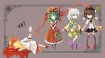  :3 absurdres animal_ears black_hair black_legwear blonde_hair blood blush_stickers boots bow cat_ears cherry death dress eyeball fan flower food frilled_skirt frills front_ponytail fruit full_body geta green_eyes green_hair hair_bow hair_ornament hair_ribbon hat heart heart_of_string highres holding_hands kagiyama_hina komeiji_koishi leidami long_hair long_sleeves lying multiple_girls no_hat no_headwear object_on_head on_side one_eye_closed open_mouth outstretched_arms panties panties_on_head pom_pom_(clothes) puffy_sleeves red_dress red_eyes ribbon rose satsuki_rin shameimaru_aya shirt short_hair short_sleeves simple_background skirt smile string tengu-geta tentacles text_focus thighhighs tokin_hat tongue tongue_out touhou underwear wide_sleeves 