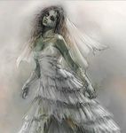  bare_shoulders breasts bridal_veil bride brown_hair cleavage concept_art dress gloves green_skin medium_breasts messy_hair official_art one-eyed solo strapless strapless_dress tekken tekken_revolution veil wedding_dress white_dress zombie 