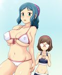  bikini blue_eyes blue_hair breast_envy breasts brown_hair cameltoe cleavage commentary_request covered_nipples glasses gundam gundam_build_fighters hairband huge_breasts iori_rinko kousaka_china multiple_girls navel opaque_glasses open_mouth over-rim_eyewear ponytail puffy_nipples red-framed_eyewear scrunchie semi-rimless_eyewear small_breasts swimsuit tof 