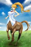  animal_ears blonde_hair blue_eyes bottomless breasts centaur centorea_shianus day full_body grass haruharu55 highres horse_ears horse_tail large_breasts long_hair monster_girl monster_musume_no_iru_nichijou multiple_legs outdoors sleeveless solo tail very_long_hair 