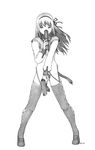  akemi_homura alternate_legwear bottomless dual_wielding empty_eyes full_body greyscale gun hair_ribbon handgun hands_together harumachi_nagaaki holding long_hair looking_at_viewer magical_girl mahou_shoujo_madoka_magica monochrome no_panties revision ribbon simple_background solo soul_gem spread_legs standing thighhighs v_arms weapon white_background 