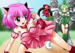  2boys 2girls animal_ears animal_tail bell blush breasts cat_ears cat_tail green_eyes green_hair large_breasts magical_girl mew_ichigo mew_lettuce midorikawa_lettuce momomiya_ichigo multiple_boys multiple_girls obara_gaun oharagwn open_mouth pink_eyes pink_hair short_hair tail tokyo_mew_mew 