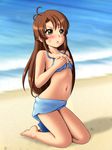  barefoot beach bikini breasts brown_eyes brown_hair covering covering_breasts day highres kimuti-g kneeling koshigaya_komari long_hair non_non_biyori small_breasts solo swimsuit wet 