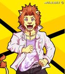  avielsusej beard clothing dangan_ronpa ear_piercing facial_hair feline jacket leon_kuwata lion looking_at_viewer male mammal morenatsu necklace pants parody piercing pose safety_pin shirt smile solo soutaro 