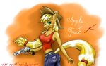  anthro anthrofied applejack_(mlp) blonde_hair breasts cleavage clothed clothing cowboy_hat english_text equine female freckles friendship_is_magic green_eyes gun hair hat horse jeans looking_at_viewer mammal metalfoxxx my_little_pony pony ranged_weapon revolver shirt solo text weapon 