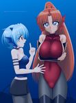  2girls azu._(azu_pitch) blue_eyes blue_hair bodysuit breasts covered_nipples erect_nipples fang highres huge_breasts long_hair mermaid_melody_pichi_pichi_pitch mimi_(mermaid_melody_pichi_pichi_pitch) multiple_girls orange_hair ponytail red_eyes sheshe short_hair small_breasts 