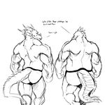  back_turned black_and_white butt dragon drakedragon duo english_text horn jockstrap male monochrome mooning muscles plain_background ragnarokdragon scalie text topless underwear walking white_background 