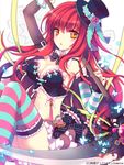  :o blush breasts bustier cleavage frills hat jonejung junketsu_duelion large_breasts long_hair looking_at_viewer midriff orange_eyes red_hair ribbon solo striped striped_legwear thighhighs 