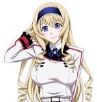  belt blonde_hair blue_eyes blue_hairband blush breasts buckle cecilia_alcott drill_hair hairband infinite_stratos large_breasts long_hair ribbon school_uniform smile solo unagimaru 