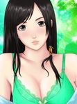  1girl black_eyes black_hair bra breasts cleavage collarbone dead_or_alive green_bra hair_bun hair_ornament kokoro_(doa) large_breasts lipstick long_hair looking_at_viewer makeup open_clothes open_shirt shirt solo tecmo underwear yan_fei_toketsu 