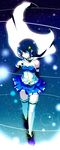  bare_shoulders blue_eyes blue_hair cape gloves hair_ornament hairclip highres looking_at_viewer magical_girl mahou_shoujo_madoka_magica mahou_shoujo_madoka_magica_movie miki_sayaka natsu_(anta_tte_hitoha) short_hair solo thighhighs walking white_gloves white_legwear 