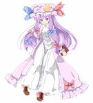  book coat coo crescent dress hair_ribbon hat long_hair long_sleeves looking_at_viewer open_clothes open_coat patchouli_knowledge purple_eyes purple_hair ribbon simple_background solo striped striped_dress touhou tress_ribbon very_long_hair white_background white_dress 