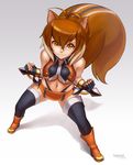  1girl animal_ears arc_system_works ass bare_shoulders belt black_panties blazblue boots breasts brown_eyes brown_hair hybridmink legwear makoto_nanaya midriff navel panties pixiv_thumbnail resized solo squirrel_ears squirrel_tail tail tonfa underboob underwear weapon 