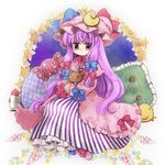  bad_id bad_pixiv_id bird biyon chick chicken coat crescent dress frilled_pillow frills hair_ribbon hat long_hair long_sleeves looking_at_viewer open_clothes open_coat patchouli_knowledge pillow purple_dress purple_eyes purple_hair ribbon solo striped striped_dress stuffed_animal stuffed_toy teddy_bear touhou tress_ribbon very_long_hair 