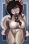  big_breasts black_hair blue_eyes blush breasts brown_hair canine ear_piercing female fluffy_tail hair kammymau looking_at_viewer mammal nude open_mouth piercing smile solo tongue 