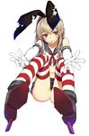  black_panties blonde_hair boots elbow_gloves foreshortening full_body gloves hairband highres kantai_collection long_hair looking_at_viewer navel outstretched_arms outstretched_hand panties red_eyes shimakaze_(kantai_collection) simple_background sitting solo striped striped_legwear thighhighs underwear white_background white_gloves yuukyuu_ponzu 