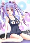  blue_hair breasts esureki fang hair_ornament hair_ribbon i-19_(kantai_collection) kantai_collection large_breasts long_hair name_tag one-piece_swimsuit open_mouth red_eyes ribbon school_swimsuit sitting smile solo swimsuit torpedo twintails wariza 