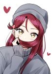  1girl blush covering_mouth deadnooodles grey_hat grey_shirt hair_ornament hair_over_mouth hat heart heart_hair_ornament long_hair long_sleeves looking_at_viewer love_live! love_live!_sunshine!! red_hair sakurauchi_riko shirt simple_background solo turtleneck upper_body white_background yellow_eyes 