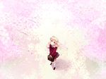  bag blazer blonde_hair cherry_blossoms floating_hair flower from_above jacket kneehighs long_hair looking_up mayu_(vocaloid) pink school_bag school_uniform standing tsuntsun_(tuuuuuuntun) vocaloid white_legwear 