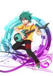  1boy b-daman black_pants cross-laced_footwear cross_fight_b-daman full_body green_eyes green_hair guitar hood instrument male male_focus matching_hair/eyes multicolored_hair musical_note pants solo thigh_strap tsunotsuki_ryudou two-tone_hair two-toned_hair 