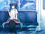  blue_eyes blue_hair earbuds earphones fish hatsune_miku lama_(kusuriya) long_hair orca pantyhose single_earphone_removed sitting skirt solo twintails very_long_hair vocaloid 