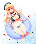  atago_(kantai_collection) bangs belly bikini blonde_hair blue_eyes blush body_blush breasts cleavage commentary_request curvy dripping fading fat_folds from_above fur_collar hair_spread_out hat highres innertube kantai_collection knees_together_feet_apart large_breasts long_hair looking_at_viewer looking_up midriff navel open_mouth partially_submerged petals ribbon side-tie_bikini sitting solo sotogawa_max swimsuit thigh_gap wakamezake water 