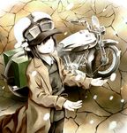 brough_superior brown_hair coat crack expressionless fur_hat genny goggles ground_vehicle hat hermes highres kino kino_no_tabi motor_vehicle motorcycle 
