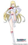  blonde_hair blue_eyes boots breasts convenient_leg copyright_name digimon digimon_world_re:digitize dress frilled_dress frills full_body hands_on_hips knee_boots leg_lift lili_(tekken) long_hair namco official_art small_breasts smile solo tekken very_long_hair white_background white_dress white_footwear yasuda_suzuhito 